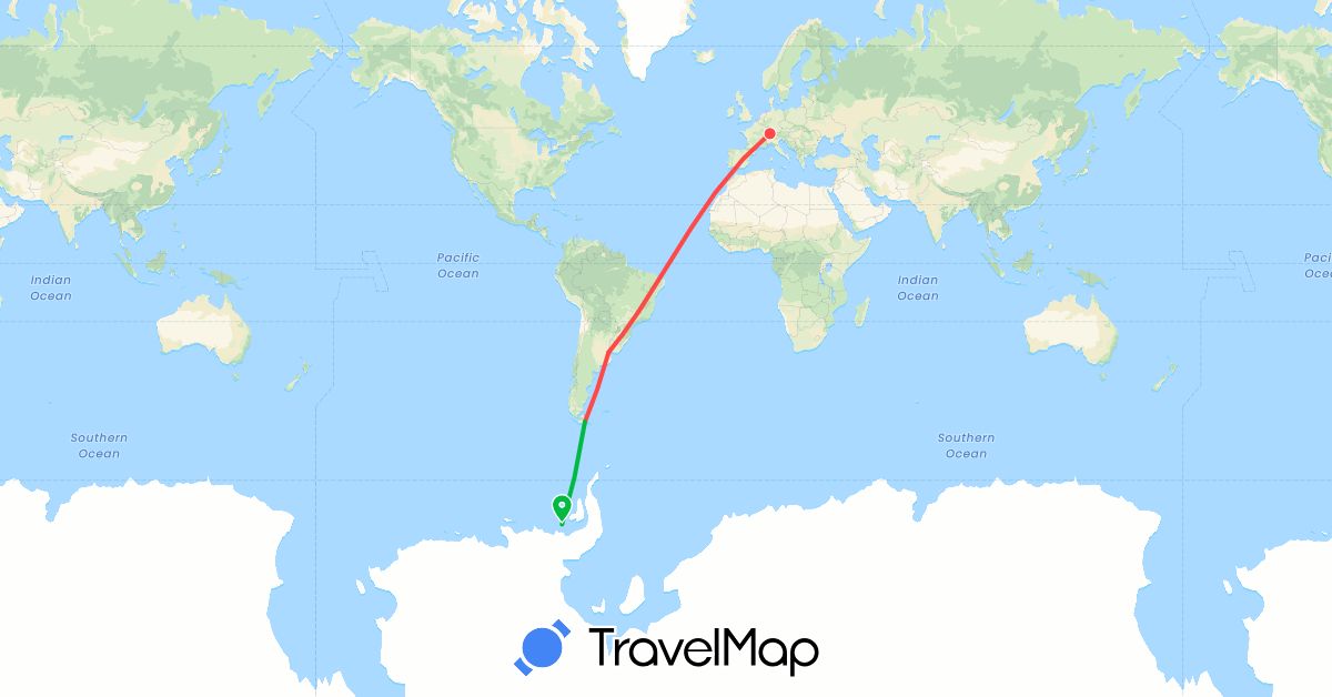 TravelMap itinerary: driving, bus, hiking in Argentina, Switzerland (Europe, South America)